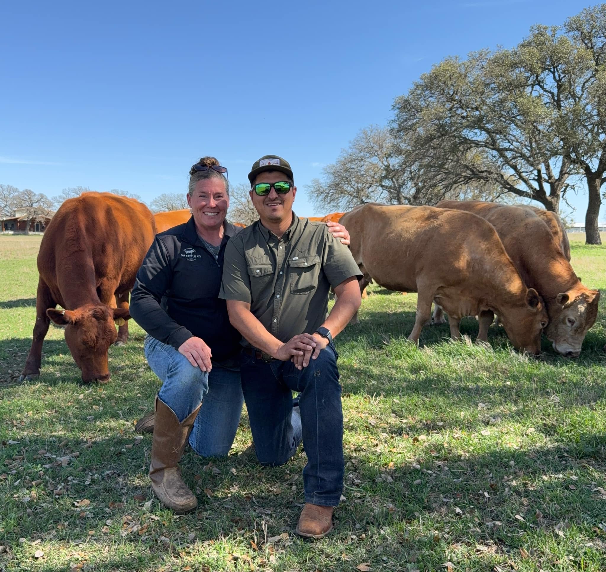 Jennifer and Jesse Balboa with their Akaushi Brangus cattle at 9H Cattle Co., a family-run ranch in Waelder, Texas